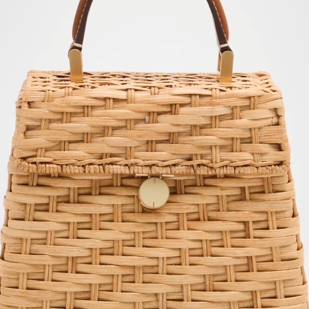 Cult Gaia Natural Woven Satchel with Gold Accents